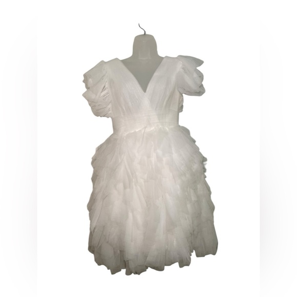 Mac Duggal White Tulle Ruffle Mini Dress 20505 Flutter Sleeve V-Neck Size 6 NWT - Picture 2 of 5